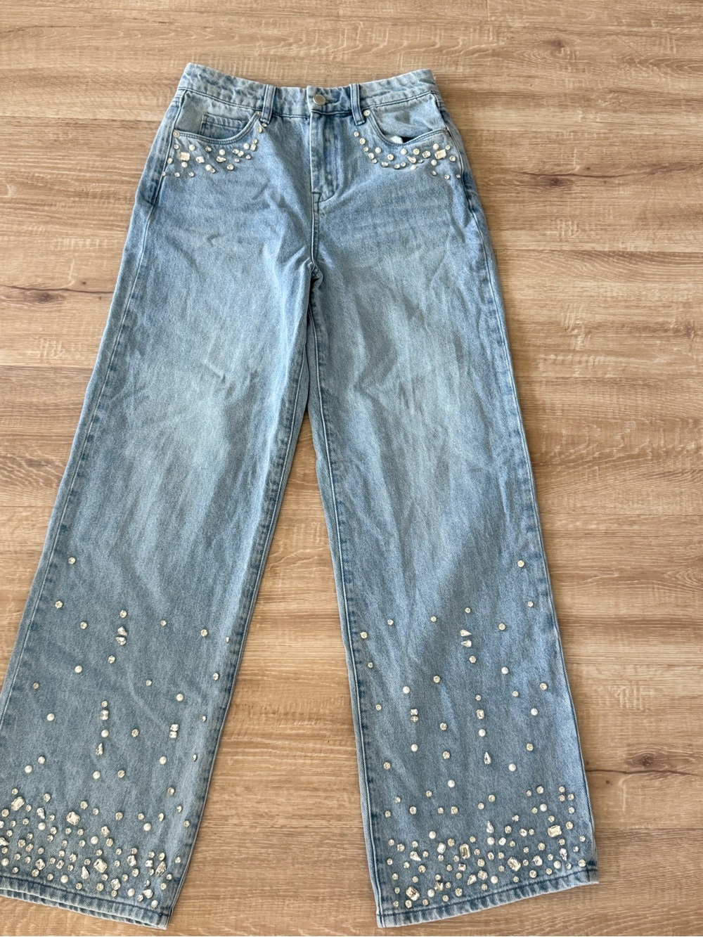 Blank NYC Rhinestone -Embellished Light Blue Wide-Leg Jeans